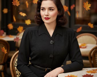 1940s Black Embroidered Blouse, 40s Jacket Medium, Rayon Crepe, Retro Art Deco Top