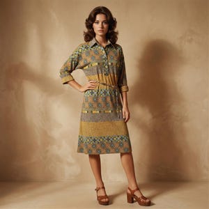 May include: A vintage-style midi dress with a collared neckline and three-quarter sleeves. The dress features a geometric pattern in shades of gold, brown, and blue. A thin chain belt cinches the waist. The model is wearing brown platform sandals.