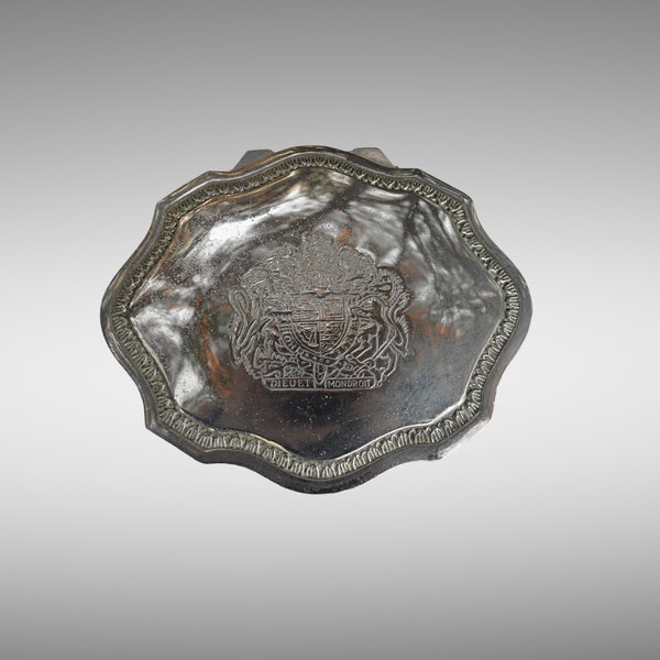 Portagioie placcato in argento, stemma reale britannico “Dieu et mon droit”, International Silver Co.