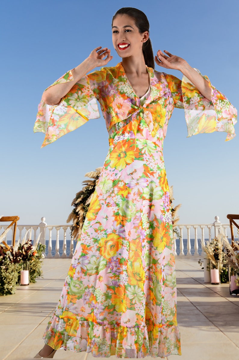 1970s Floral Prom Dress & Matching Jacket, Long Halter Dress, Full Length Gown, Size Medium image 5