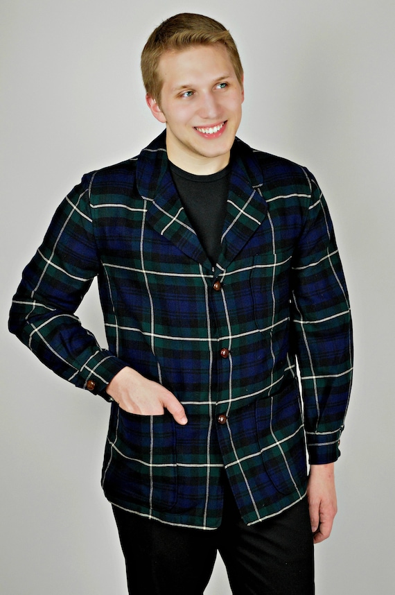 Mens 50s Plaid Jacket, Blue Check, Wool Outerwear,