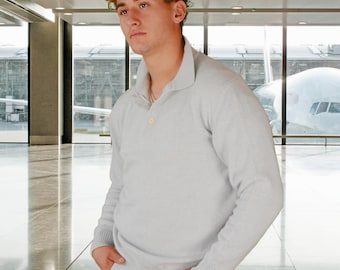 Gray Cashmere Blend Polo Sweater, Collared Pullover, Unisex Academia Prep, M/L