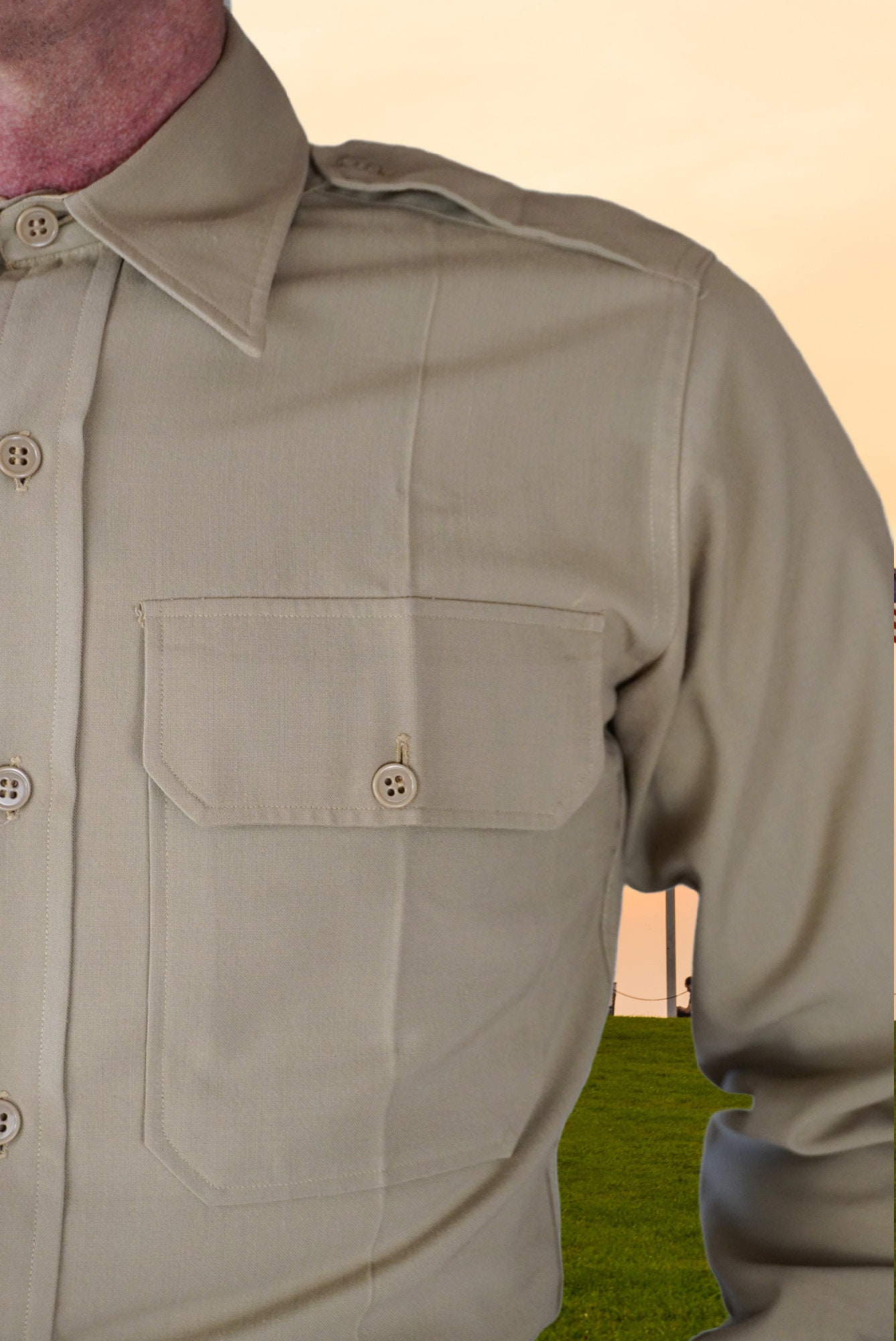 ヒューマンメイド　PATCHED MILITARY SHIRT - BEIGE Tan Military Shirt w/ Quilt Patch (Reworked) – Made X Hudson