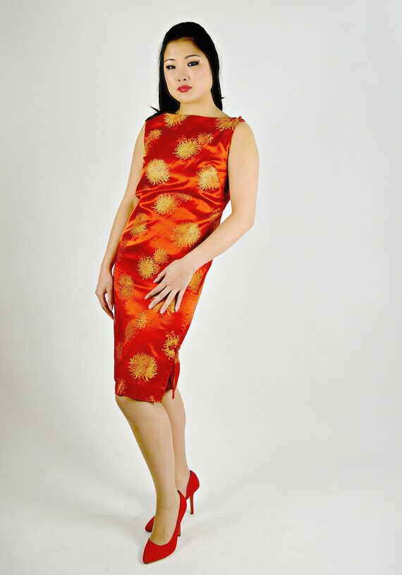 50s Orange Dress, Asian Cheongsam Style, 1950s Shi