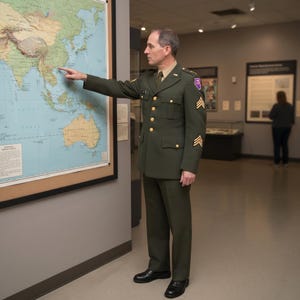 May include: A person in a dark olive green military dress uniform with gold buttons, a tie, and chevron sleeve insignia, pointing at a large wall-mounted map of Asia and Australia. The uniform includes a collared jacket and matching trousers.