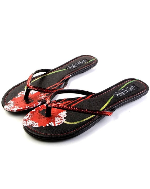 Sequin Flip Flops Bleeding Rose Print Half Inch Heel Womens