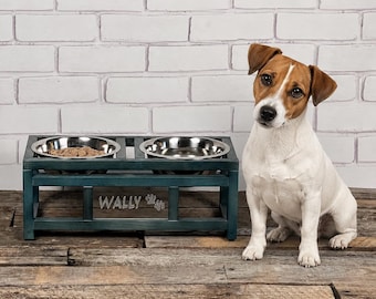 Ash Wood Elevated Dog Bowl Stand | Personalized Pet Name Acrylic Facade