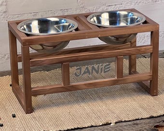 New Puppy Gift from Breeder, Personalized Puppy Bowl Stand, Elevated Ash Wood Dog Feeder