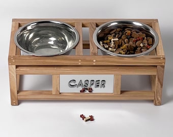Custom Raised Dog Bowl Stand, Personalized Ash Wood Dog Feeder, Modern Elevated Pet Bowl Holder with Name, Minimalist Dog Feeding Station