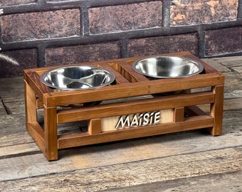 Personalized Ash Wood Dog Feeding Station, Elevated Two Bowl Stand