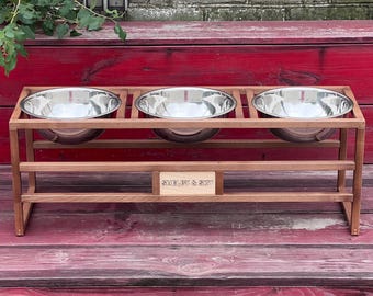 Personalized 3 Bowl Dog Feeder: Elevated Ash Wood Stand with Stainless Steel Bowls