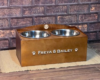 Personalized Elevated Dog Bowl Stand, Spill-Guard Wooden Feeder with Bowls, Custom Name, 5 Heights, Bowls included