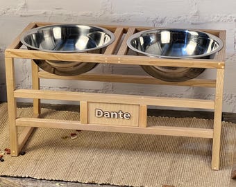 Personalized Golden Retriever Elevated Dog Bowl Stand, Custom Wooden Feeder