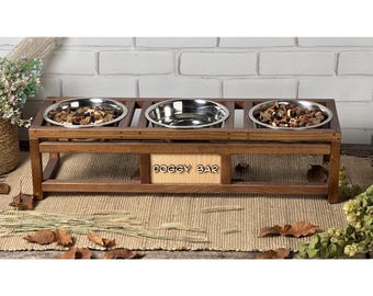 Personalized Ash Wood Triple Dog Bowl Stand – Raised Feeder with Stainless Steel Bowls