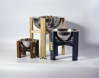 Personalized Pine Wood Dog Bowl Stand: Elevated Single Bowl Feeder