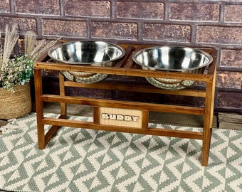 Large Dog Bowl Stand – Elevated Dog Feeder with 2 Stainless Steel Bowls – Personalized Ash Wood Feeding Station – Modern Minimalist Design