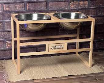 Custom Pet Gift, Personalized Dog Bowl Stand, Elevated Ash Wood Feeder with Bowl Included