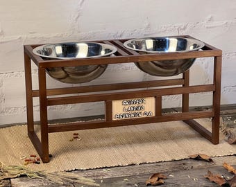 Personalized Elevated Dog Bowl Stand with Bowl, Custom Name Ash Wood Pet Feeder