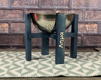 Dog Feeding Station for Kitchen, Personalized Elevated Pine Wood Stand with Stainless Bowl
