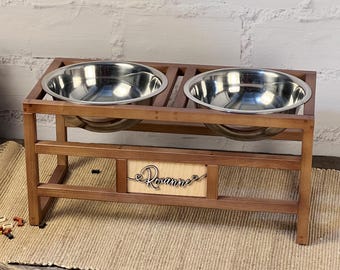 Natural Ash Wood Dog Bowl Stand, Personalized Elevated Feeder with Two Stainless Steel Bowls