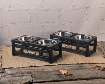 Personalized Dog Bowl Stand for Dachshund, Elevated Wooden Double Bowl Feeder, Custom Name Pet Feeding Station