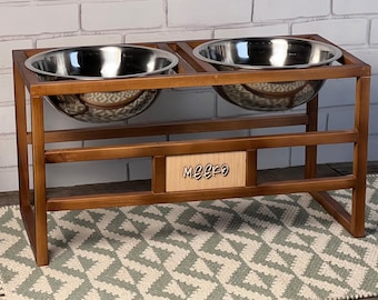 Dog Bowl Stand for German Shepherd, Personalized Elevated Dog Feeder, Wooden Raised Feeding Station with 2 Bowls
