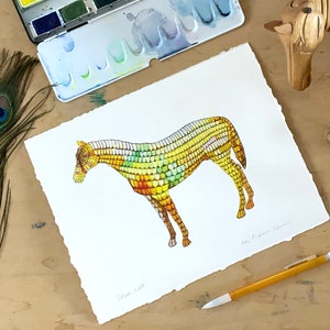 Impression d’archives de chevaux psychédéliques « Zelzah Left » couleurs vives motif imbriqué Carte des risques sismiques art équin