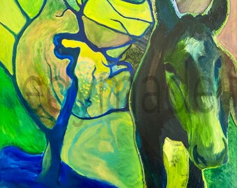 Green and blue Horse-oil painting-archival print-stretched or rolled canvas “Reggae in Green”equine art