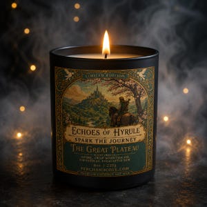 Op de afbeelding: Een brandende zwarte kaars met een label met de tekst "Echoes of Hyrule" en "The Great Plateau". Het label toont een landschapsillustratie met een persoon te paard. De kaars is 227g en gemaakt van premium kokos-sojawas.
