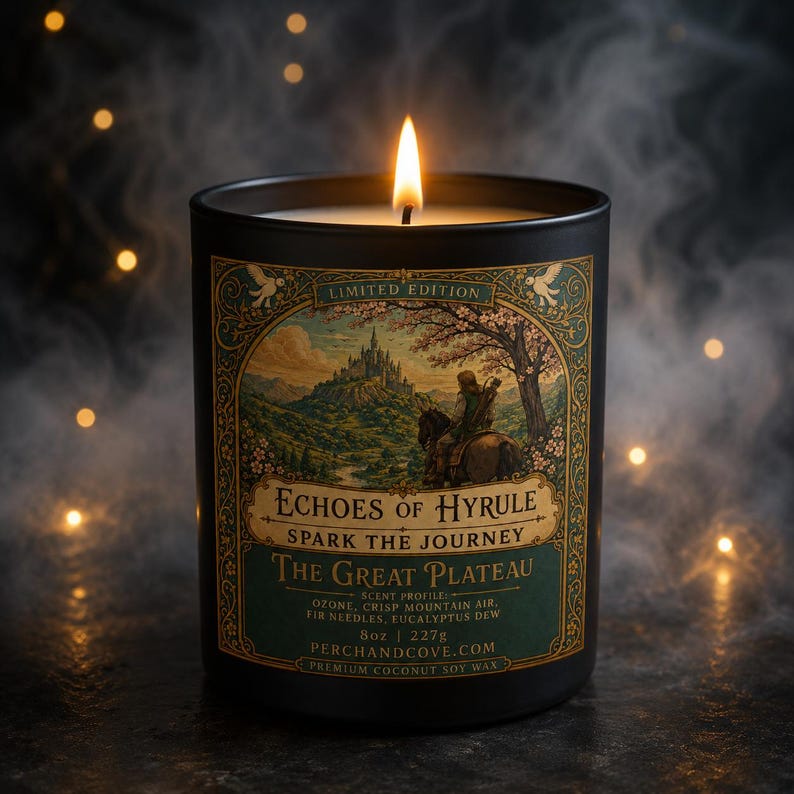 Op de afbeelding: Een brandende zwarte kaars met een label met de tekst "Echoes of Hyrule" en "The Great Plateau". Het label toont een landschapsillustratie met een persoon te paard. De kaars is 227g en gemaakt van premium kokos-sojawas.