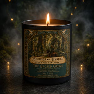Op de afbeelding: Een brandende zwarte kaars met een label met de tekst "Echoes of Hyrule, The Sacred Grove". Het label toont een bossc&egrave;ne met een persoon te paard. De kaars is 227g.