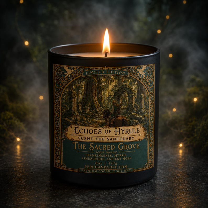 Op de afbeelding: Een brandende zwarte kaars met een label met de tekst "Echoes of Hyrule, The Sacred Grove". Het label toont een bossc&egrave;ne met een persoon te paard. De kaars is 227g.
