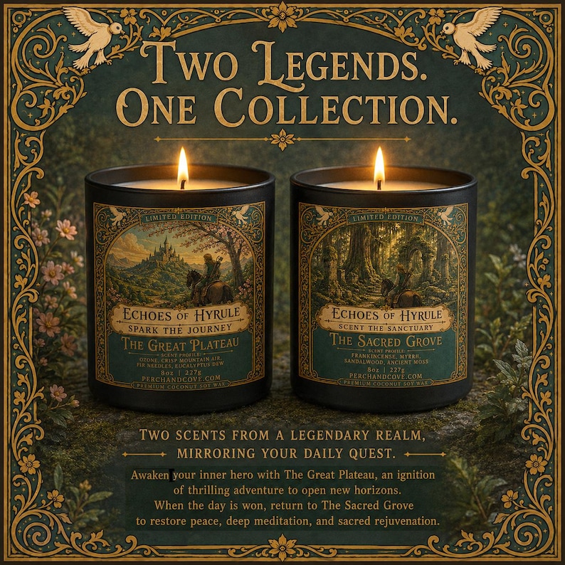 Op de afbeelding: Twee zwarte kaarsen met brandende lonten, met het opschrift "Echoes of Hyrule". De etiketten bevatten landschapsillustraties en de tekst: "Two Legends. One Collection." De kaarsen staan in een decoratief kader met bloemen- en vogelaccenten. De tekst luidt "The Great Plateau" en "The Sacred Grove."