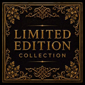 Op de afbeelding: Een vierkante, zwarte achtergrond met een gouden, sierlijke filigraanrand en accenten. De woorden "LIMITED EDITION COLLECTION" staan in gouden, reli&euml;fletters. Het ontwerp heeft een vintage, luxueus gevoel.