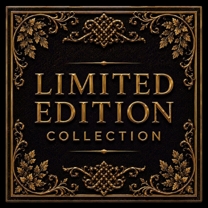 Op de afbeelding: Een vierkante, zwarte achtergrond met een gouden, sierlijke filigraanrand en accenten. De woorden "LIMITED EDITION COLLECTION" staan in gouden, reli&euml;fletters. Het ontwerp heeft een vintage, luxueus gevoel.
