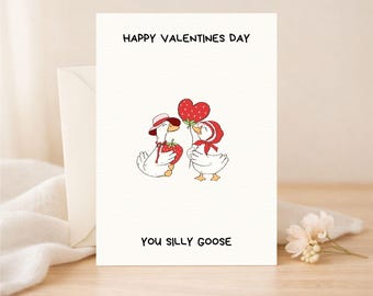 Valentine Goose Card Digital Download, Funny Strawberry Valentine’s Day Card, Silly Goose Printable Card for Boyfriend, Cute Animal Pun Card