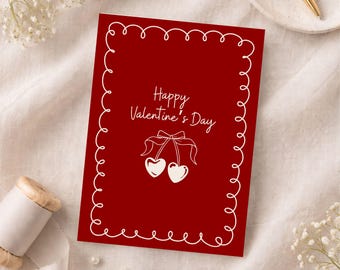 Cherry Valentine Card Printable, Coquette Aesthetic Red Valentine's Day Card Digital Download, Heart Cherry Ribbon Love Card for Her, Gift