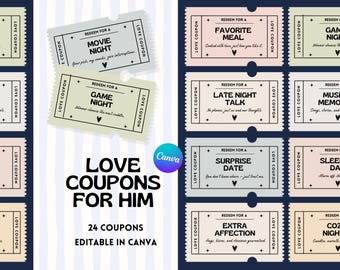 Editable Love Coupons for Him, Anniversary Gift for Boyfriend, Printable Love Vouchers, Coupons for Husband, Date Night Ideas, Canva DIY
