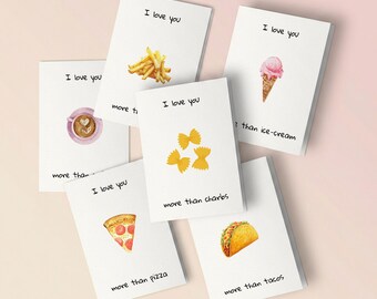 Funny Food Pun Valentine's Day Card Bundle Set of 6, Printable Love Cards for Foodies, Pizza Coffee Tacos Fries Carbs, Instant Download Gift