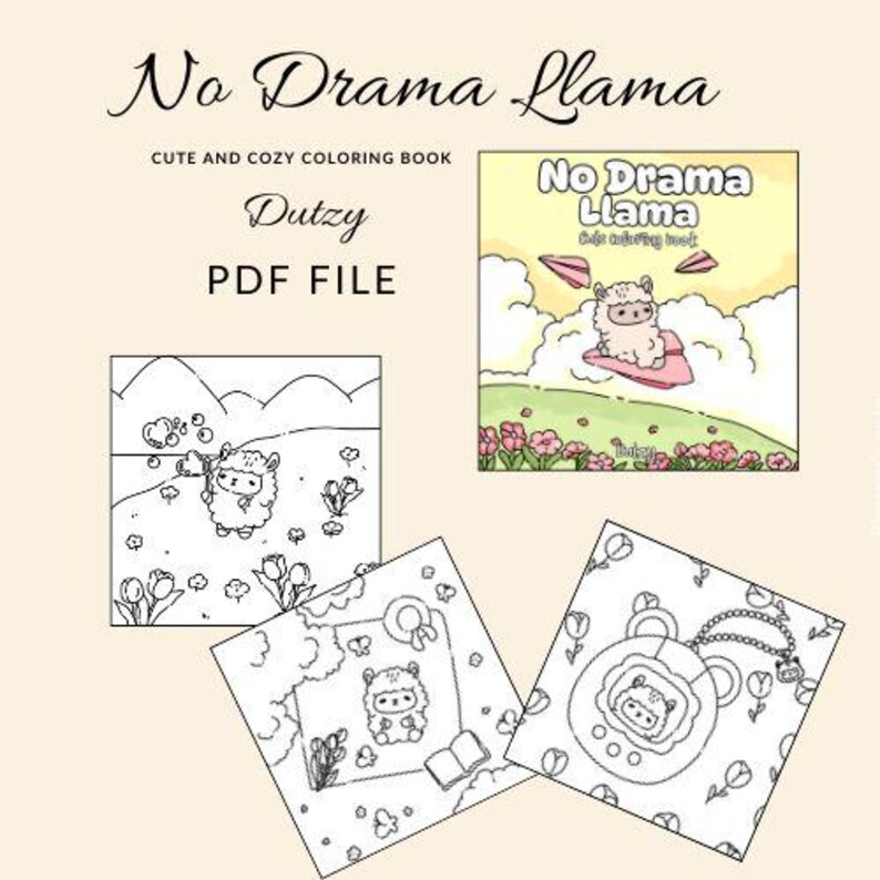 May include: A black and white coloring book page featuring a llama wearing a flower crown and holding a book. The text "No Drama Llama" is at the top of the page.