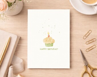 Green Watercolor Birthday Card Printable, Cupcake Birthday Card Digital Download, Gender Neutral Simple Birthday Card, Instant Download PDF