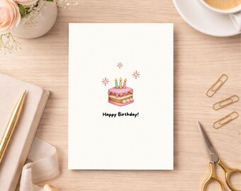 Minimal Birthday Card Printable | Editable Birthday Card Canva | Cute Cake Embroidery Style | Modern Happy Birthday Card Digital Download
