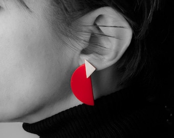 Red Acrylic and Silver Earrings, Geometric Pop 80s Jewelry, Minimalist Statement earrings, Unusual Personalized Earrings for women