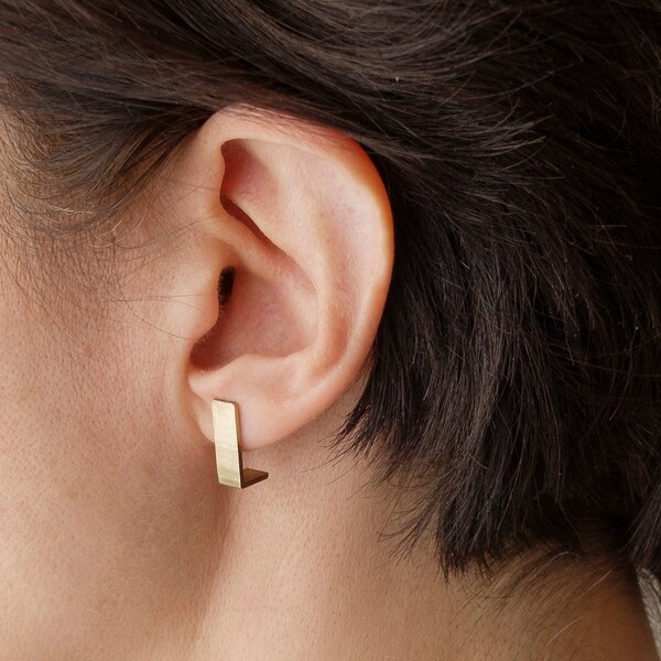 Matte Brass Geometric Earrings, Cool Minimalist Earrings for Women, Architectural jewelry, Rectangular Stud Earrings