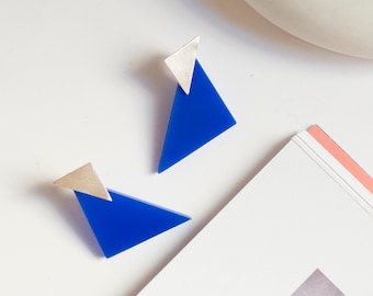 Blue geometric earrings | Sterling silver triangle studs | Architectural statement earrings | Modern minimalist jewelry