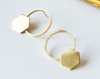 Hexagon and circle earrings for women, Asymmetrical brass earrings, Handmade Contemporary Jewelry, Unusual Gift for Her, Unique matte hoops