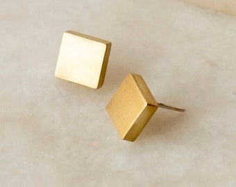 Golden Brass Square Earrings, Geometric Minimalist Earrings, Simple Stud Earrings, Contemporary Jewelry