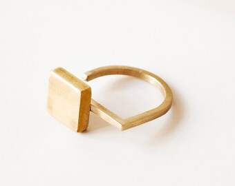 Square Geometric Ring, Matte Golden Brass Ring, Adjustable Ring for Women, Asymmetric Architectural Ring, Minimalist Contemporary Jewelry