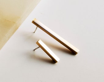 Minimalist Mismatched Earrings Set, Cool Architectural Stud Earrings, Brass Bar Statement Earrings , Contemporary Modern Jewelry