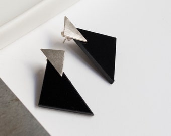 Statement geometric earrings, Triangle silver and black studs, Cool personalizable minimalist gift for her,  Modern contemporary jewelry